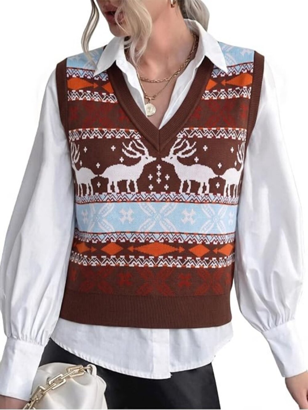 ASTANFY Ugly Christmas Sweater Vest for Women V Neck Christmas Top Vintage